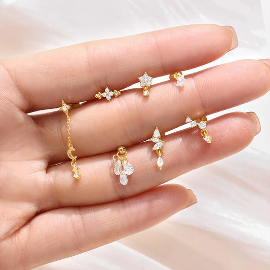 1PC Four Pointed Star Moon Tassel Lotus Cartilage Spiral Puncture 925 Sterling Silver Stud Earrings For Women