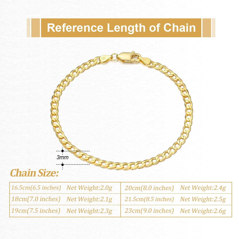 18K Gold Over 925 Sterling Silver 3mm Italian Cuban Chain Bracelet for Women Men Trendy Silver Bracelet Jewelry SB123