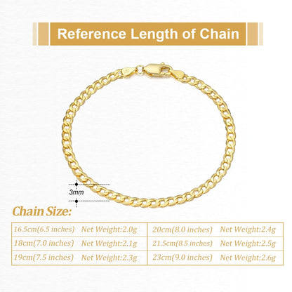 18K Gold Over 925 Sterling Silver 3mm Italian Cuban Chain Bracelet for Women Men Trendy Silver Bracelet Jewelry SB123