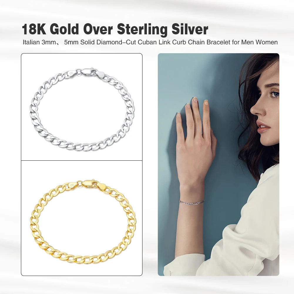 18K Gold Over 925 Sterling Silver 3mm Italian Cuban Chain Bracelet for Women Men Trendy Silver Bracelet Jewelry SB123