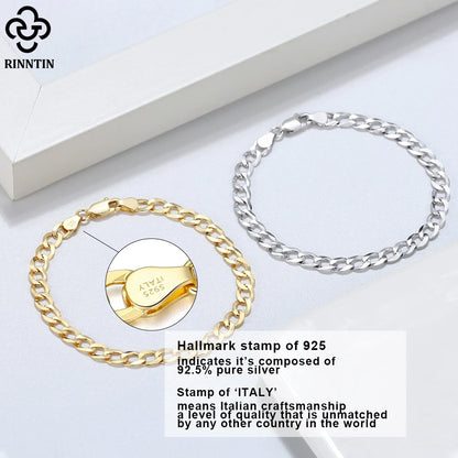 18K Gold Over 925 Sterling Silver 3mm Italian Cuban Chain Bracelet for Women Men Trendy Silver Bracelet Jewelry SB123