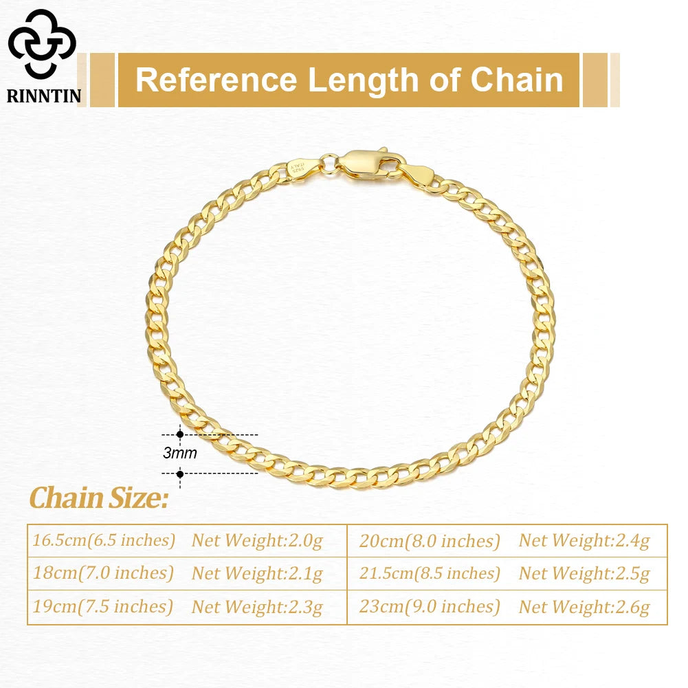 18K Gold Over 925 Sterling Silver 3mm Italian Cuban Chain Bracelet for Women Men Trendy Silver Bracelet Jewelry SB123