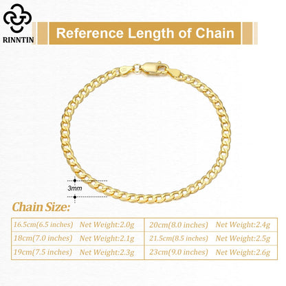 18K Gold Over 925 Sterling Silver 3mm Italian Cuban Chain Bracelet for Women Men Trendy Silver Bracelet Jewelry SB123