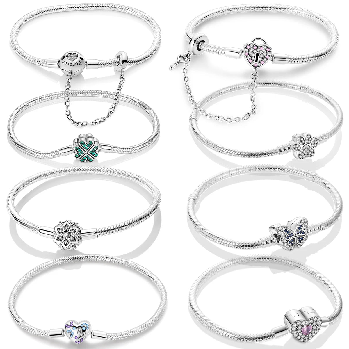 925 Sterling Silver Bracelets 17-20CM Original Leaf Clover Butterfly Heart Bracelet Fit DIY Charms Beads Fashion Women Jewelry