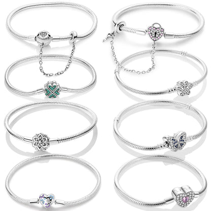 925 Sterling Silver Bracelets 17-20CM Original Leaf Clover Butterfly Heart Bracelet Fit DIY Charms Beads Fashion Women Jewelry