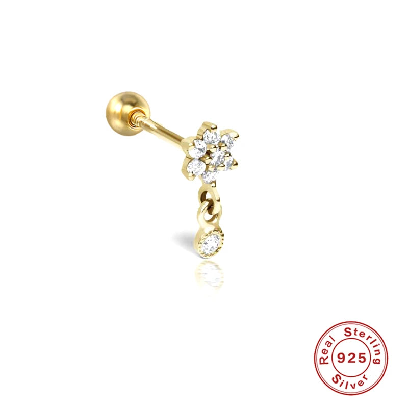 1PC Four Pointed Star Moon Tassel Lotus Cartilage Spiral Puncture 925 Sterling Silver Stud Earrings For Women