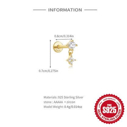 1PC Four Pointed Star Moon Tassel Lotus Cartilage Spiral Puncture 925 Sterling Silver Stud Earrings For Women