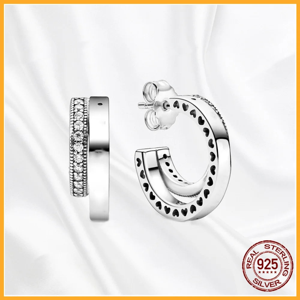 Authentic 925 Sterling Silver Heart Hoop Earring Sparkling Original Earring Women Gift