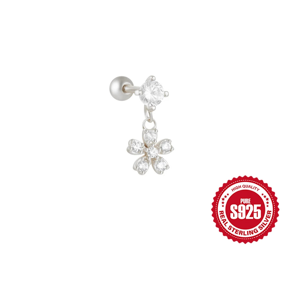 1PC Four Pointed Star Moon Tassel Lotus Cartilage Spiral Puncture 925 Sterling Silver Stud Earrings For Women