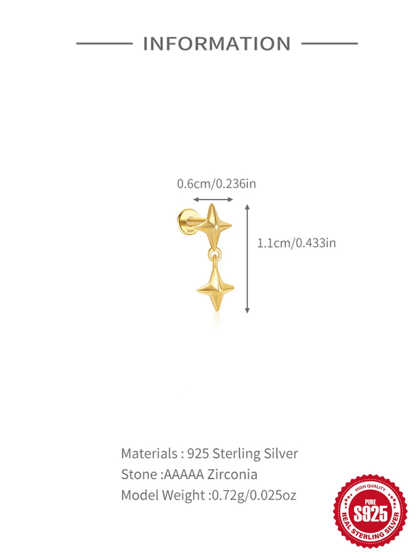 1PC Four Pointed Star Moon Tassel Lotus Cartilage Spiral Puncture 925 Sterling Silver Stud Earrings For Women