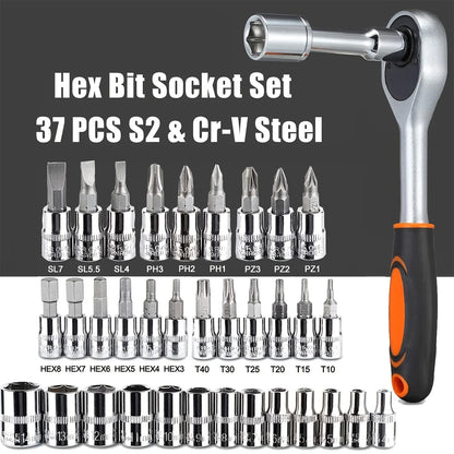 46Pcs Family Tools 1/4 Set Mechanic Tool Kits for Auto Repair Hous with Sockets Metric Hex Bit Socket Set inch Ratchet Wrench