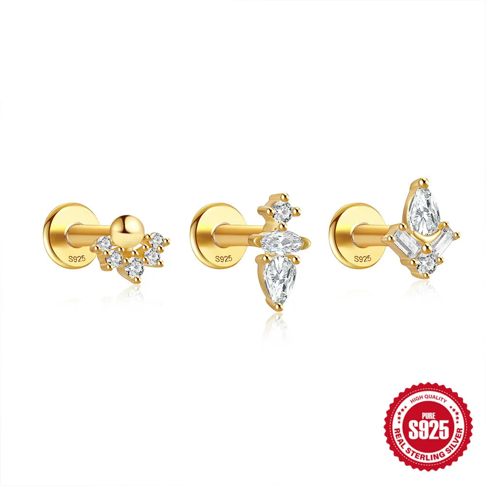 1PC Four Pointed Star Moon Tassel Lotus Cartilage Spiral Puncture 925 Sterling Silver Stud Earrings For Women