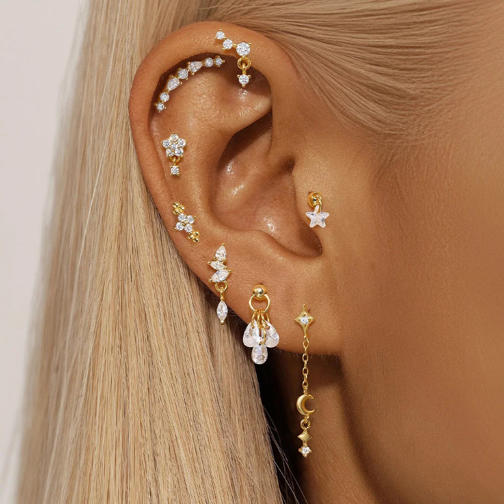 1PC Four Pointed Star Moon Tassel Lotus Cartilage Spiral Puncture 925 Sterling Silver Stud Earrings For Women