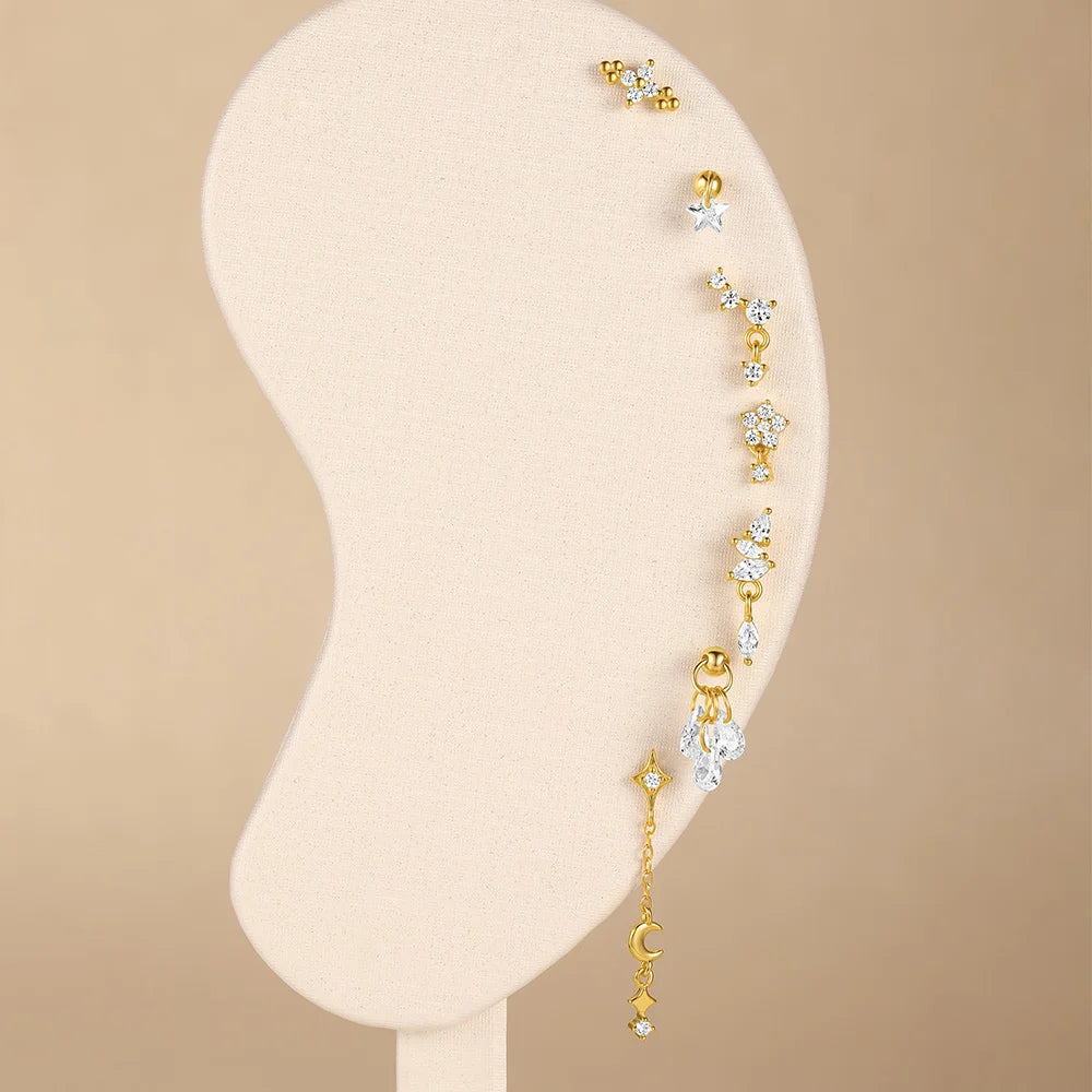 1PC Four Pointed Star Moon Tassel Lotus Cartilage Spiral Puncture 925 Sterling Silver Stud Earrings For Women