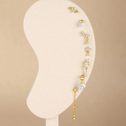 1PC Four Pointed Star Moon Tassel Lotus Cartilage Spiral Puncture 925 Sterling Silver Stud Earrings For Women