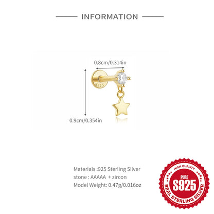 1PC Four Pointed Star Moon Tassel Lotus Cartilage Spiral Puncture 925 Sterling Silver Stud Earrings For Women