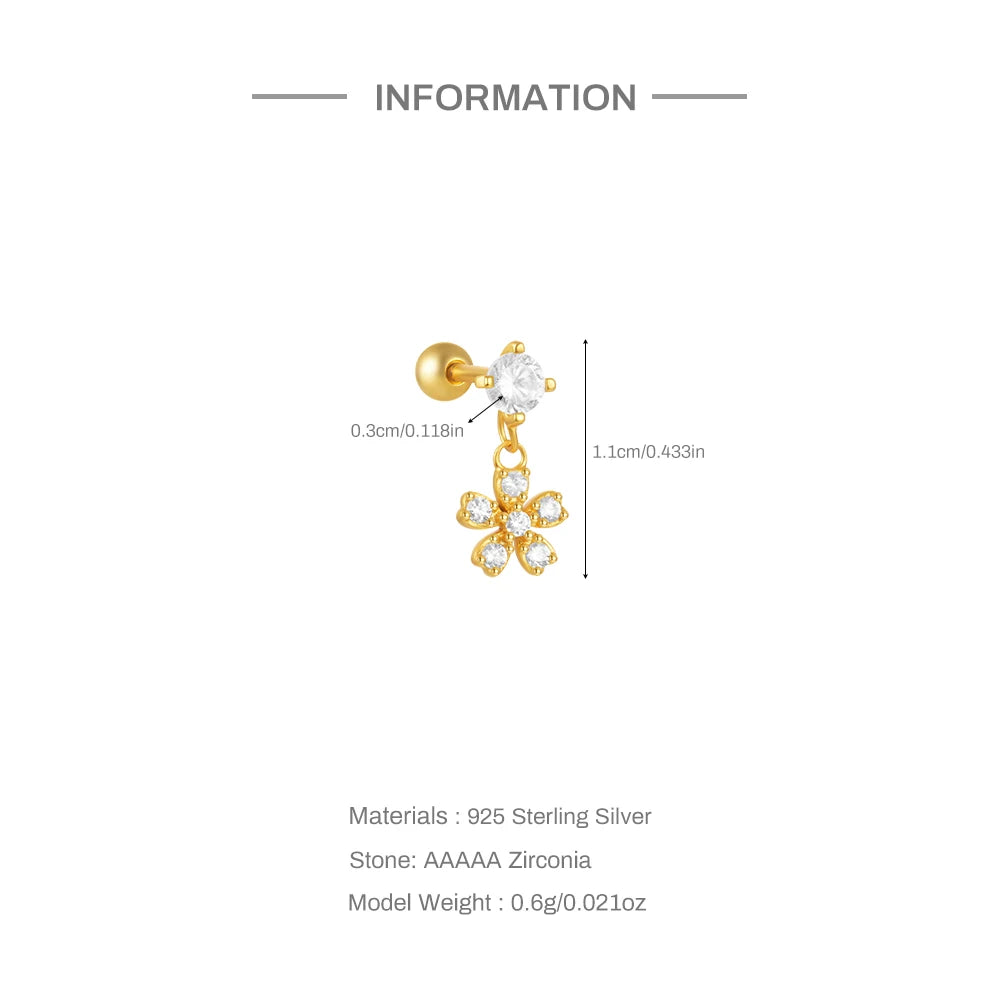 1PC Four Pointed Star Moon Tassel Lotus Cartilage Spiral Puncture 925 Sterling Silver Stud Earrings For Women