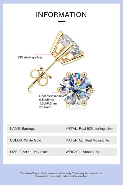 0.5-2ct Moissanite Diamond Stud Earrings 18K Yellow Gold Plated 925 Silver Wedding Earring for Women Men Luxury Jewelry with GRA