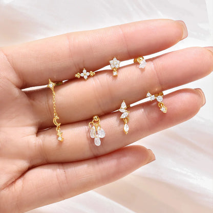 1PC Four Pointed Star Moon Tassel Lotus Cartilage Spiral Puncture 925 Sterling Silver Stud Earrings For Women