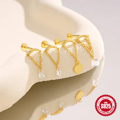 1PC Four Pointed Star Moon Tassel Lotus Cartilage Spiral Puncture 925 Sterling Silver Stud Earrings For Women