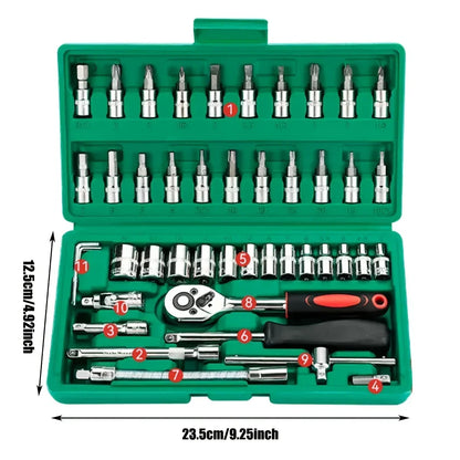 46Pcs Family Tools 1/4 Set Mechanic Tool Kits for Auto Repair Hous with Sockets Metric Hex Bit Socket Set inch Ratchet Wrench