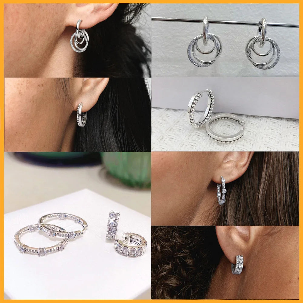 Authentic 925 Sterling Silver Heart Hoop Earring Sparkling Original Earring Women Gift