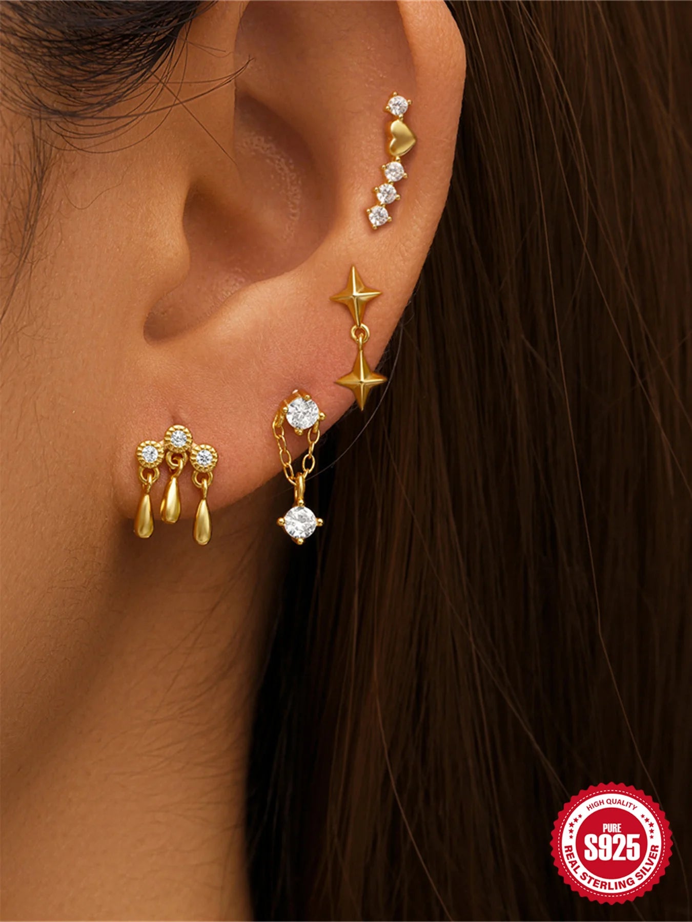 1PC Four Pointed Star Moon Tassel Lotus Cartilage Spiral Puncture 925 Sterling Silver Stud Earrings For Women