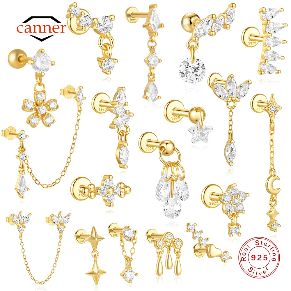 1PC Four Pointed Star Moon Tassel Lotus Cartilage Spiral Puncture 925 Sterling Silver Stud Earrings For Women