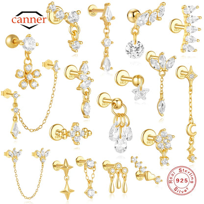 1PC Four Pointed Star Moon Tassel Lotus Cartilage Spiral Puncture 925 Sterling Silver Stud Earrings For Women