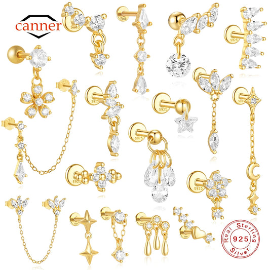 1PC Four Pointed Star Moon Tassel Lotus Cartilage Spiral Puncture 925 Sterling Silver Stud Earrings For Women