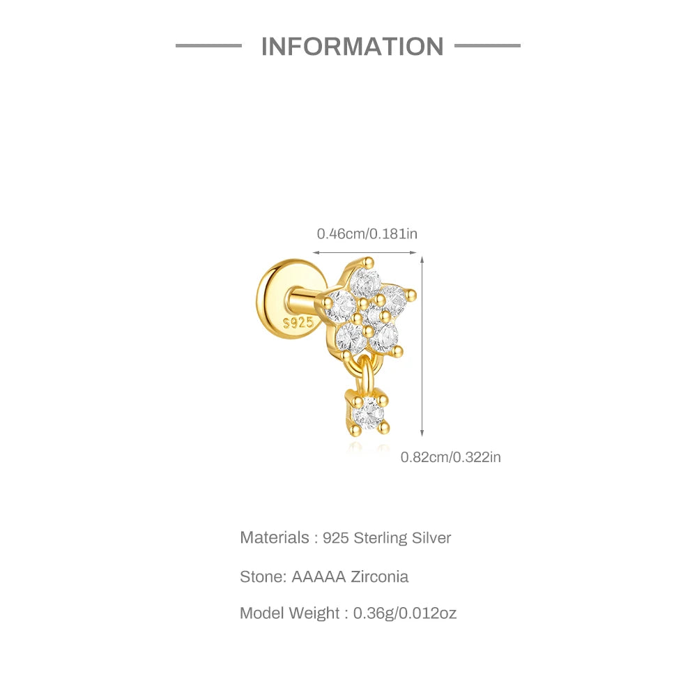 1PC Four Pointed Star Moon Tassel Lotus Cartilage Spiral Puncture 925 Sterling Silver Stud Earrings For Women