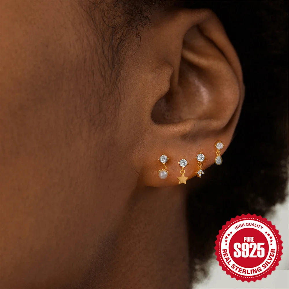 1PC Four Pointed Star Moon Tassel Lotus Cartilage Spiral Puncture 925 Sterling Silver Stud Earrings For Women