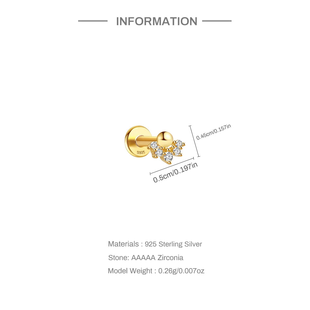 1PC Four Pointed Star Moon Tassel Lotus Cartilage Spiral Puncture 925 Sterling Silver Stud Earrings For Women