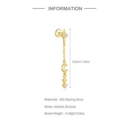 1PC Four Pointed Star Moon Tassel Lotus Cartilage Spiral Puncture 925 Sterling Silver Stud Earrings For Women