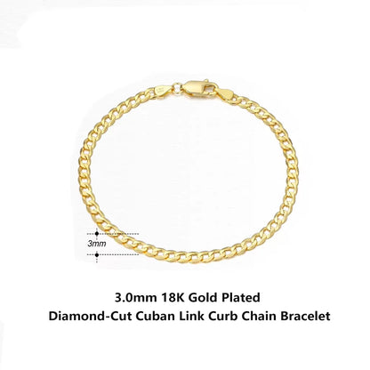 18K Gold Over 925 Sterling Silver 3mm Italian Cuban Chain Bracelet for Women Men Trendy Silver Bracelet Jewelry SB123