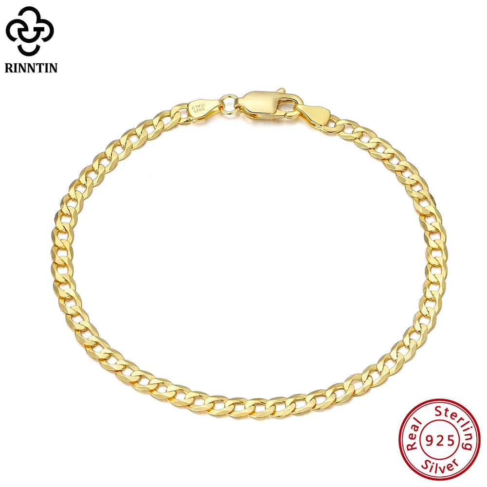 18K Gold Over 925 Sterling Silver 3mm Italian Cuban Chain Bracelet for Women Men Trendy Silver Bracelet Jewelry SB123