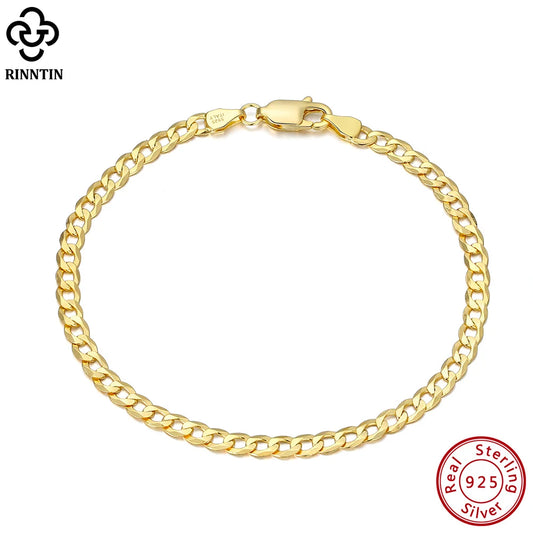18K Gold Over 925 Sterling Silver 3mm Italian Cuban Chain Bracelet for Women Men Trendy Silver Bracelet Jewelry SB123