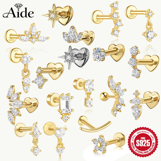 AIDE Heart Round Ball Flat Helix Piercing Earring 925 Sterling Silver Ear Studs Geometric Zircon Exquisite Trinket Studs Aretes